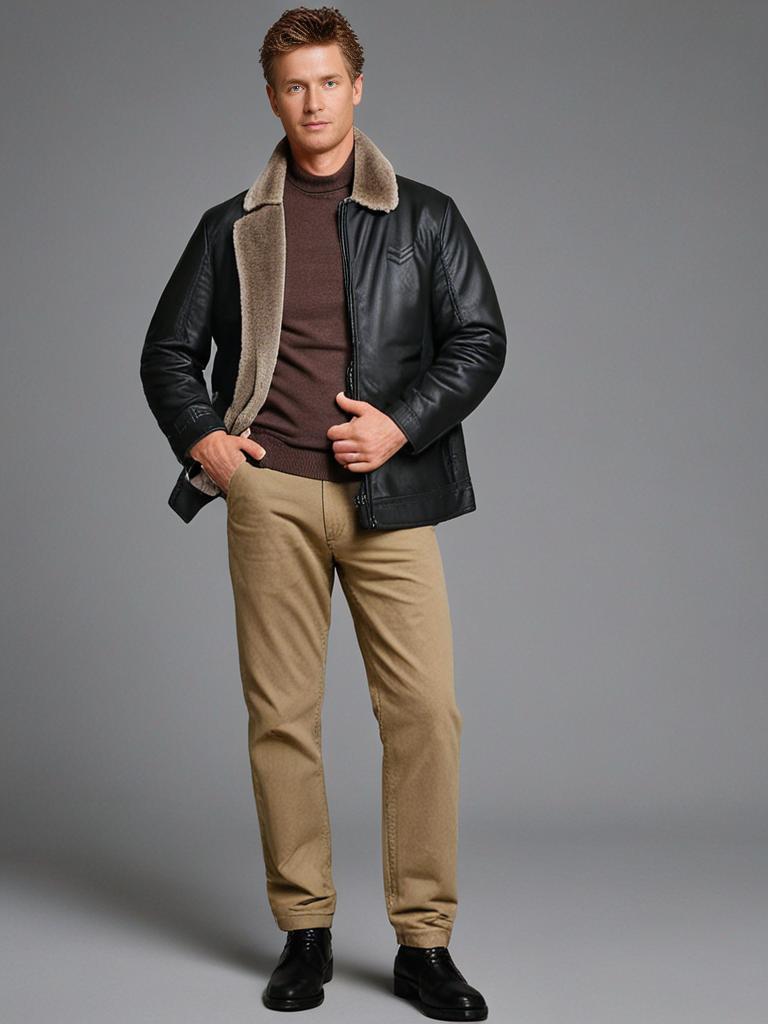 Ganzkörperaufnahme der PrimeLeather Lederjacke zu Chino und Boots