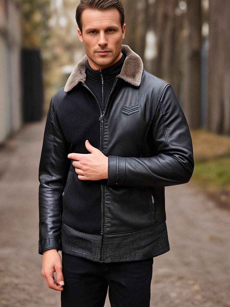 Mann trägt die PrimeLeather Lederjacke mit Fellkragen auf einer herbstlichen Allee