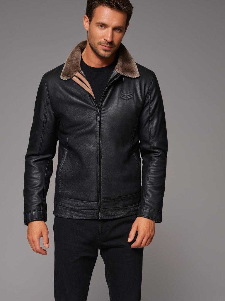 Frontansicht der PrimeLeather Lederjacke in Schwarz mit braunem Kragen